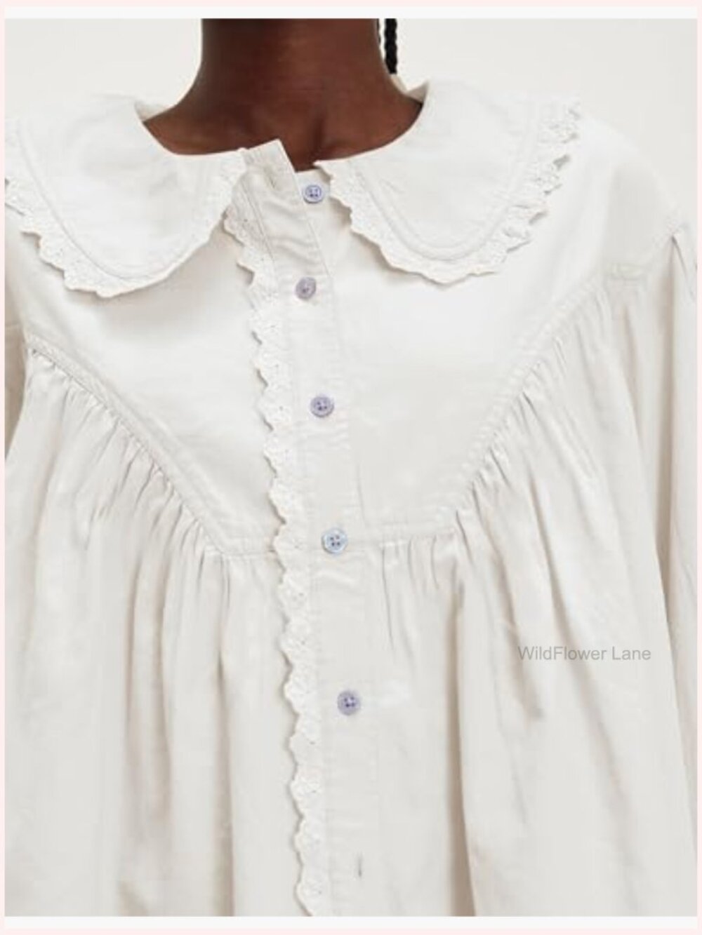 Cotton Button Down Blouse Lace Trim Loose Fit Peter Pan Collar Long Sleeve Work - Picture 4 of 7